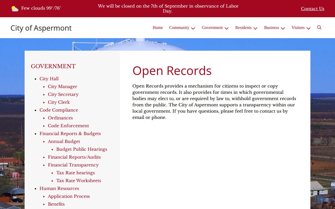 City of Aspermont open-records page for police arrest-record requests
