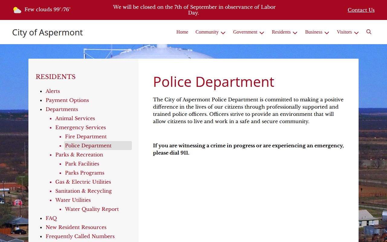 City of Aspermont Police Department page for arrest-record routing