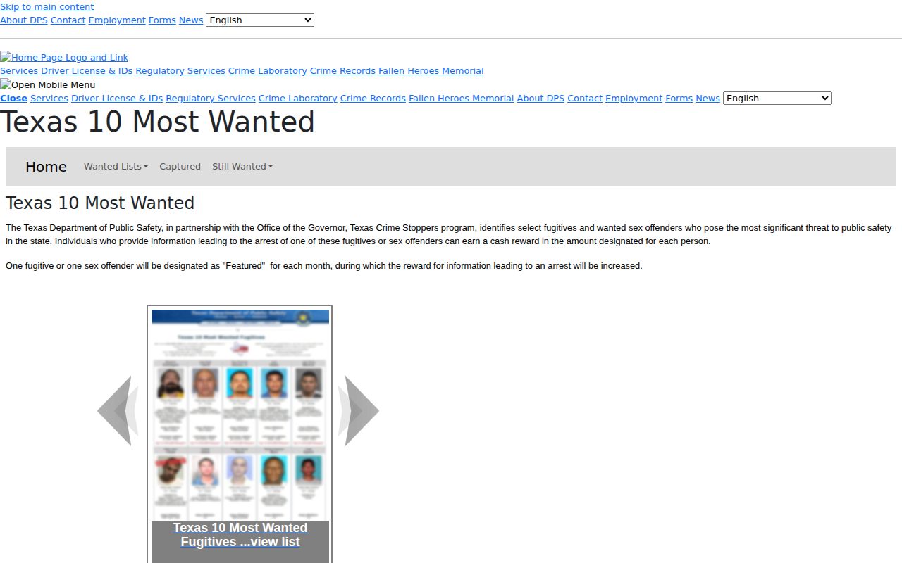 Texas DPS 10 Most Wanted official statewide wanted-list page, not a Stonewall County warrant roster