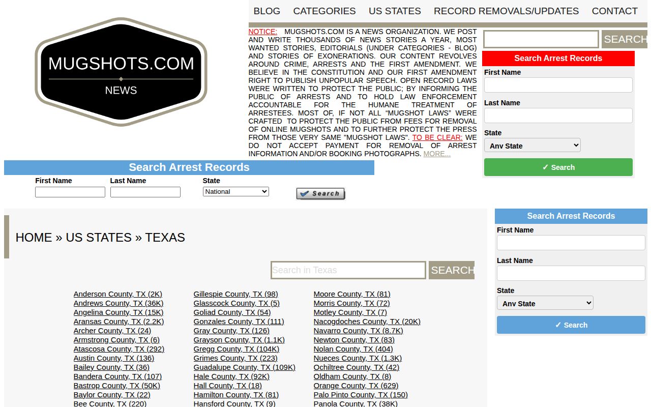 Stonewall County secondary mugshot and arrest-record lead shown on a Mugshots.com Texas index screenshot