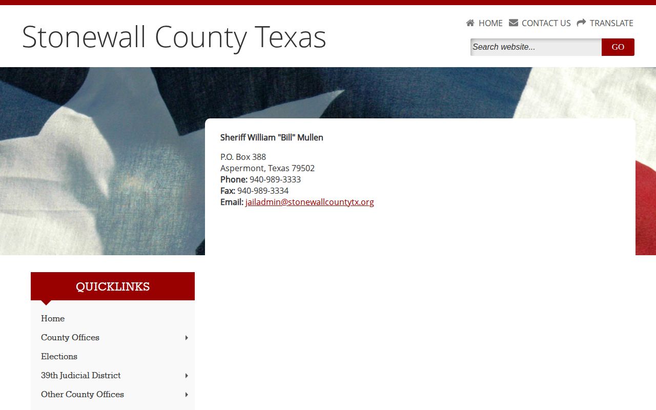 Stonewall County Sheriff official contact for booking record requests